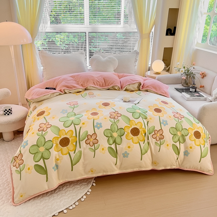 91家纺网 家纺一手货源 找家纺 琪琪阁 2023新款全棉加牛奶绒单被套 向阳花开