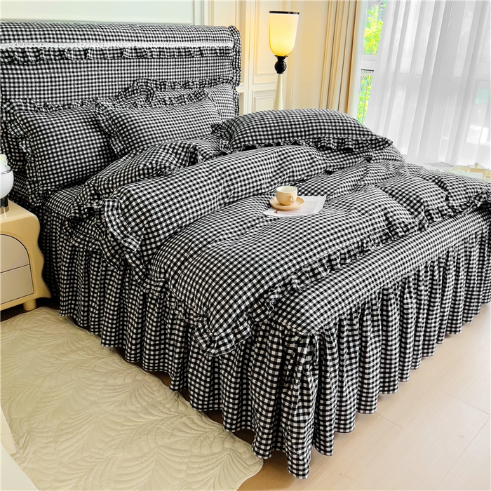 91家纺网 家纺一手货源 找家纺 十个点  2024新款色织水洗棉韵格系列床裙款四件套 黑白小格