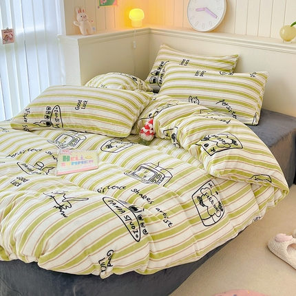 91家纺网 家纺一手货源 找家纺 （总）桃子家居 2023新款ins韩系简约卡通奶油小清新加厚牛奶绒系列四件套