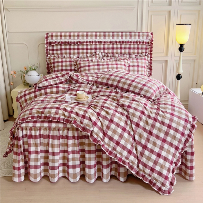 91家纺网 家纺一手货源 找家纺 十个点  2024新款色织水洗棉韵格系列床裙款四件套 七彩格红