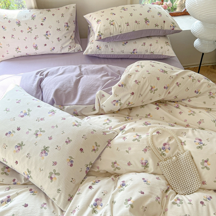 91家纺网 家纺一手货源 找家纺 上尚居 2023新款提花小竺棉碎花四件套 紫葡萄（米色）