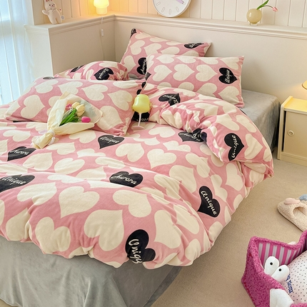桃子家居 2023新款ins韩系简约卡通奶油小清新加厚牛奶绒系列四件套 绒-心语粉玉