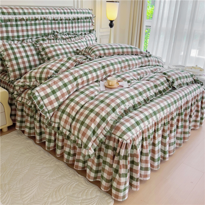 91家纺网 家纺一手货源 找家纺 十个点  2024新款色织水洗棉韵格系列床裙款四件套 七彩格绿