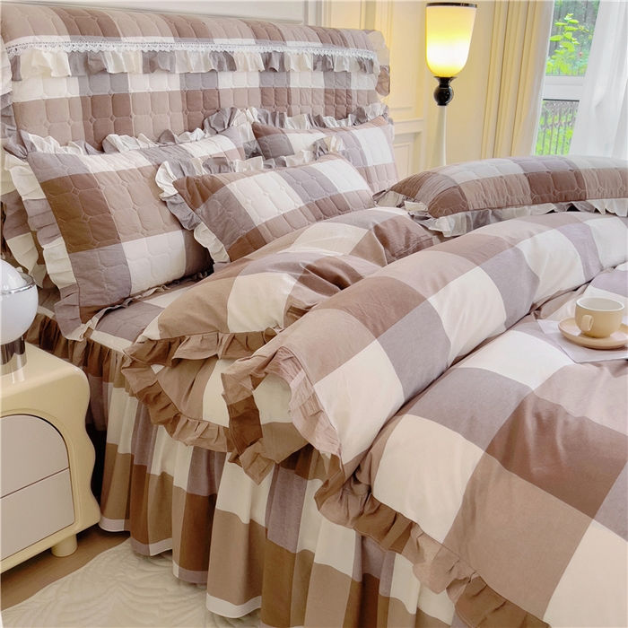 91家纺网 家纺一手货源 找家纺 十个点  2024新款色织水洗棉韵格系列床裙款四件套 咖大格