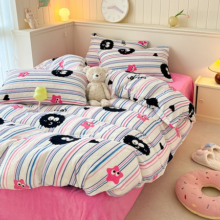 桃子家居 2023新款ins韩系简约卡通奶油小清新加厚牛奶绒系列四件套 绒-条纹毛球