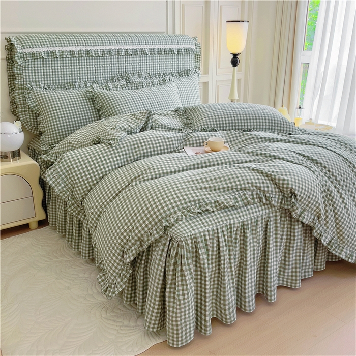 91家纺网 家纺一手货源 找家纺 十个点  2024新款色织水洗棉韵格系列床裙款四件套 绿小格
