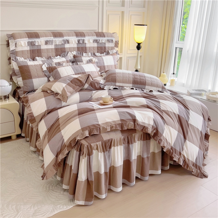 91家纺网 家纺一手货源 找家纺 十个点  2024新款色织水洗棉韵格系列床裙款四件套 咖大格