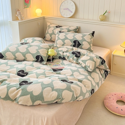 桃子家居 2023新款ins韩系简约卡通奶油小清新加厚牛奶绒系列四件套 绒-抹茶心语