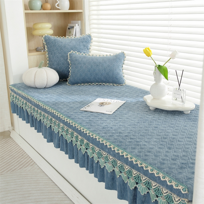 91家纺网 家纺一手货源 找家纺 共鸣沙发垫2023新款5cm厚50D雪尼尔花边款可拆洗 5cm海绵飘窗垫雪尼尔蓝灰