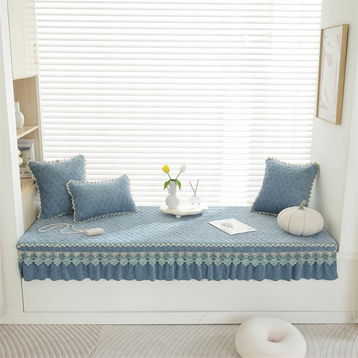 91家纺网 家纺一手货源 找家纺 共鸣沙发垫2023新款5cm厚50D雪尼尔花边款可拆洗 5cm海绵飘窗垫雪尼尔蓝灰