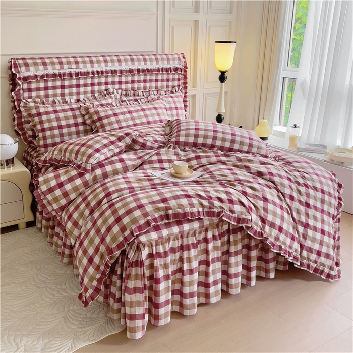 91家纺网 家纺一手货源 找家纺 十个点  2024新款色织水洗棉韵格系列床裙款四件套 七彩格红