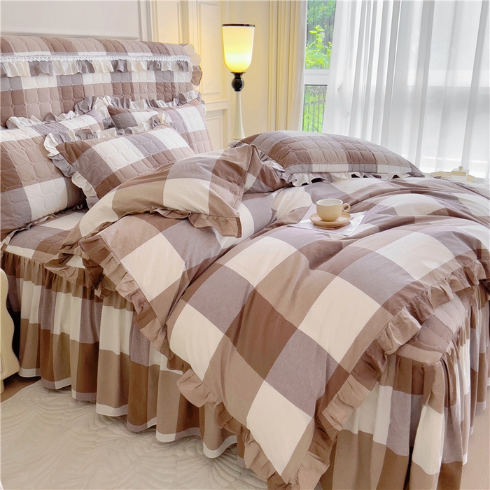 91家纺网 家纺一手货源 找家纺 十个点  2024新款色织水洗棉韵格系列床裙款四件套 咖大格