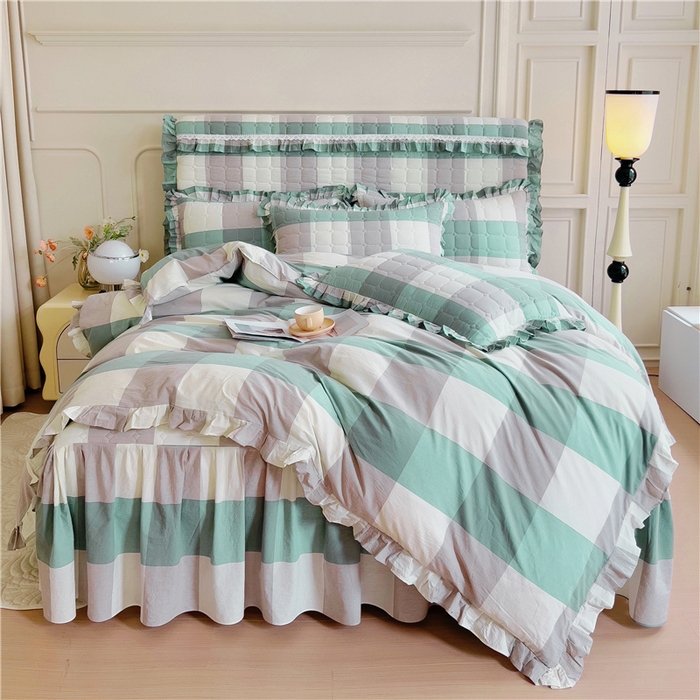 91家纺网 家纺一手货源 找家纺 十个点  2024新款色织水洗棉韵格系列床裙款四件套 浅蓝大格