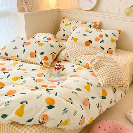 91家纺网 家纺一手货源 找家纺 （总）桃子家居 2023新款ins韩系简约卡通奶油小清新加厚牛奶绒系列四件套