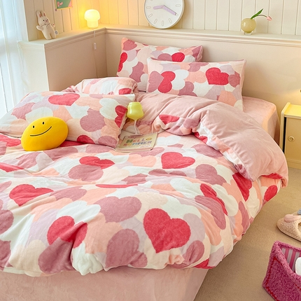 桃子家居 2023新款ins韩系简约卡通奶油小清新加厚牛奶绒系列四件套 绒-爱心满满