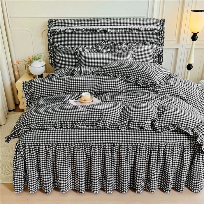 91家纺网 家纺一手货源 找家纺 十个点  2024新款色织水洗棉韵格系列床裙款四件套 黑白小格