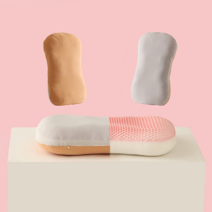 91家纺网 家纺一手货源 找家纺 爱来伊家纺 2023新款凉感枕TPE果胶羽丝枕夏季枕芯猫肚皮释压枕头枕芯 冰丝灰枕套