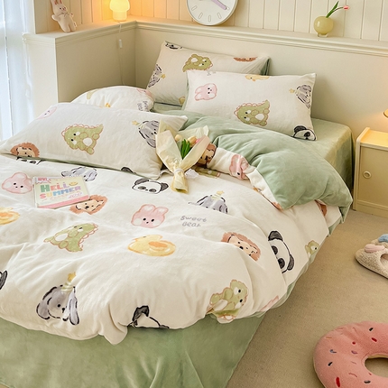 桃子家居 2023新款ins韩系简约卡通奶油小清新加厚牛奶绒系列四件套 绒-欢乐世界