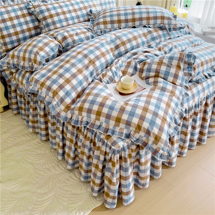 91家纺网 家纺一手货源 找家纺 十个点  2024新款色织水洗棉韵格系列床裙款四件套 七彩格兰