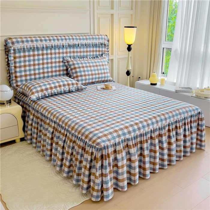 91家纺网 家纺一手货源 找家纺 十个点  2024新款色织水洗棉-韵格系列单品夹棉床裙 七彩格兰