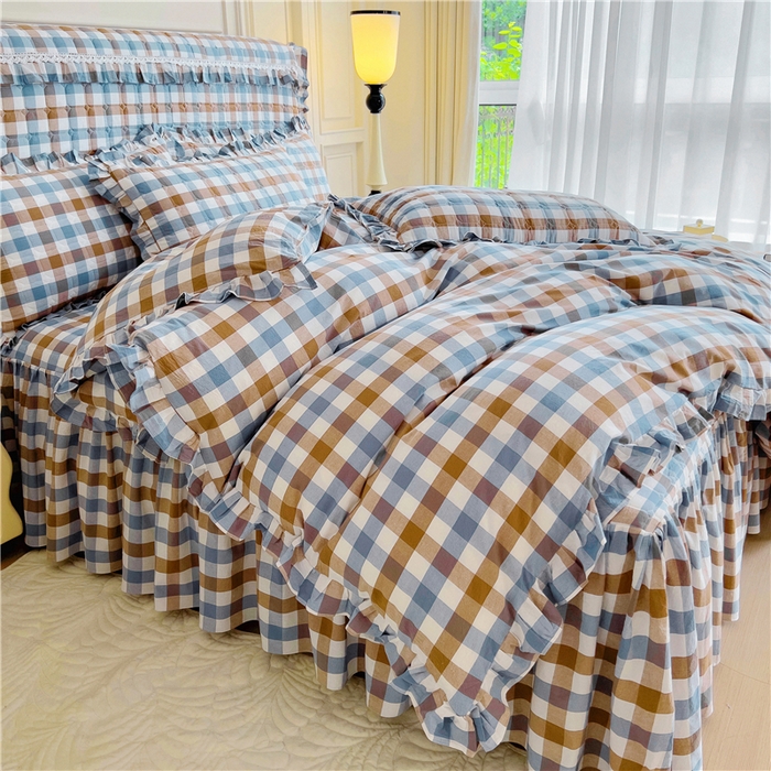 91家纺网 家纺一手货源 找家纺 十个点  2024新款色织水洗棉韵格系列床裙款四件套 七彩格兰