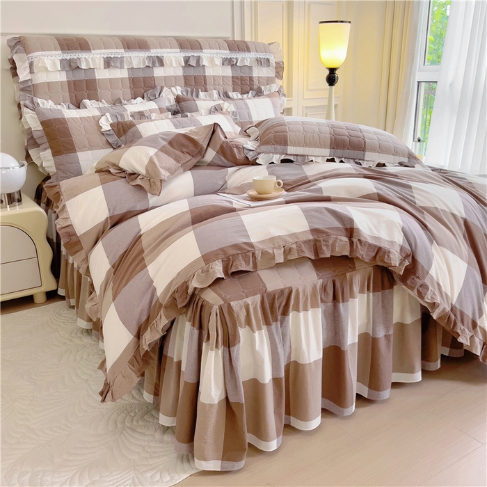 91家纺网 家纺一手货源 找家纺 十个点  2024新款色织水洗棉韵格系列床裙款四件套 咖大格