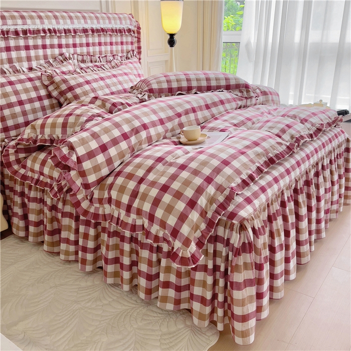 91家纺网 家纺一手货源 找家纺 十个点  2024新款色织水洗棉韵格系列床裙款四件套 七彩格红