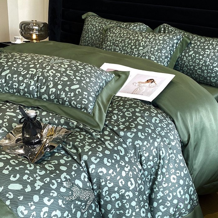 91家纺网 家纺一手货源 找家纺 优悦 2023新款轻奢磨毛印花系列四件套 轻奢豹纹-绿