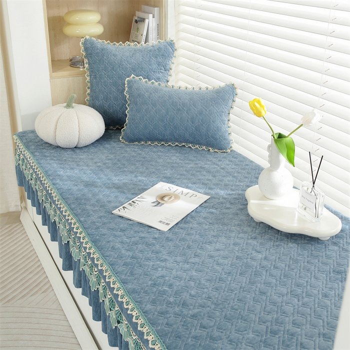 91家纺网 家纺一手货源 找家纺 共鸣沙发垫2023新款5cm厚50D雪尼尔花边款可拆洗 5cm海绵飘窗垫雪尼尔蓝灰