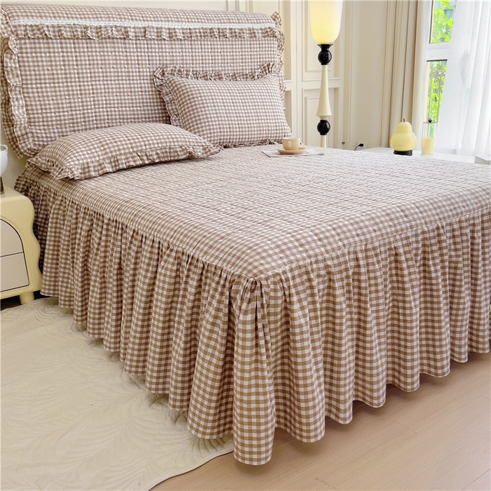 91家纺网 家纺一手货源 找家纺 十个点  2024新款色织水洗棉-韵格系列单品夹棉床裙 米小格