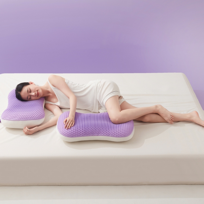 91家纺网 家纺一手货源 找家纺 爱来伊家纺 2023新款凉感枕TPE果胶羽丝枕夏季枕芯猫肚皮释压枕头枕芯 方糖紫