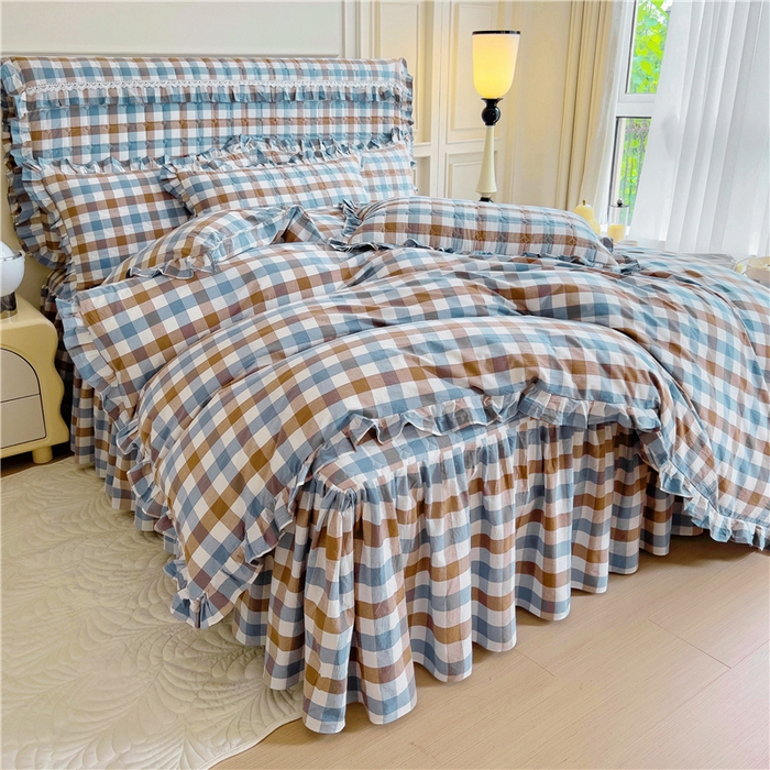 91家纺网 家纺一手货源 找家纺 十个点  2024新款色织水洗棉韵格系列床裙款四件套 七彩格兰