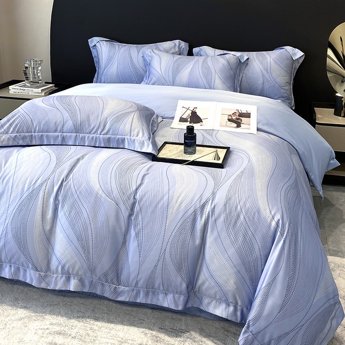 91家纺网 家纺一手货源 找家纺 优悦 2023新款轻奢磨毛印花系列四件套 马克波点-蓝