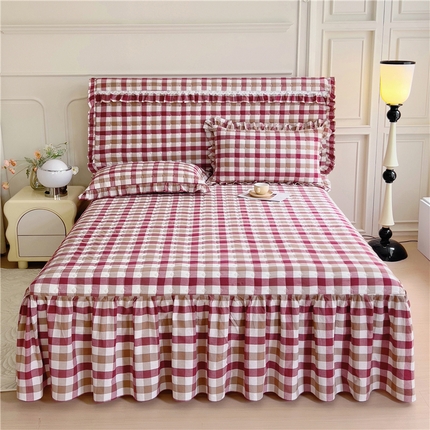 十个点  2024新款色织水洗棉-韵格系列单品夹棉床裙 七彩格红