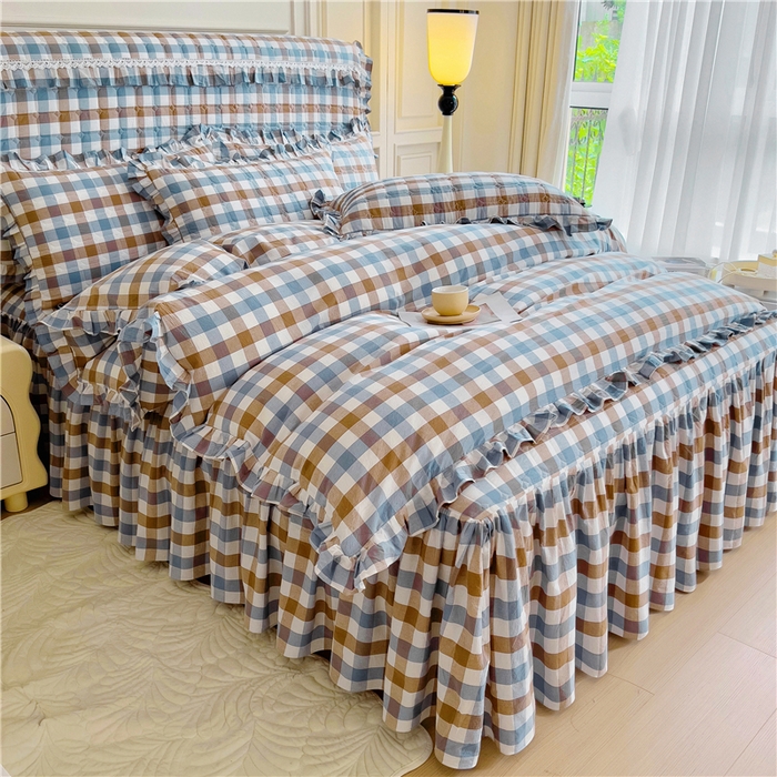 91家纺网 家纺一手货源 找家纺 十个点  2024新款色织水洗棉韵格系列床裙款四件套 七彩格兰