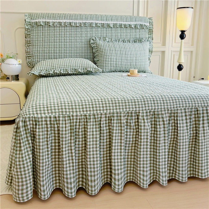 91家纺网 家纺一手货源 找家纺 十个点  2024新款色织水洗棉-韵格系列单品夹棉床裙 绿小格