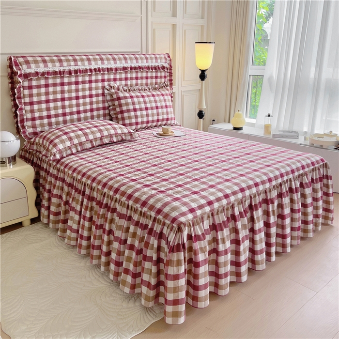 91家纺网 家纺一手货源 找家纺 十个点  2024新款色织水洗棉-韵格系列单品夹棉床裙 七彩格红