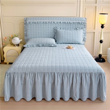 十个点  2024新款色织水洗棉-韵格系列单品夹棉床裙 浅蓝小格