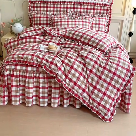 91家纺网 家纺一手货源 找家纺 十个点  2024新款色织水洗棉-韵格系列-床头罩 七彩格红