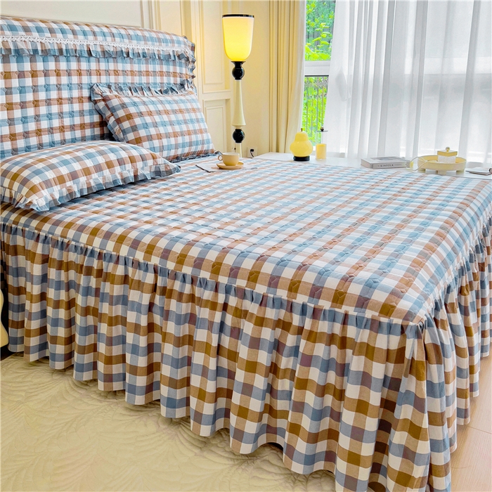 91家纺网 家纺一手货源 找家纺 十个点  2024新款色织水洗棉-韵格系列单品夹棉床裙 七彩格兰