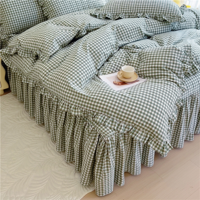 91家纺网 家纺一手货源 找家纺 十个点  2024新款色织水洗棉韵格系列床裙款四件套 绿小格