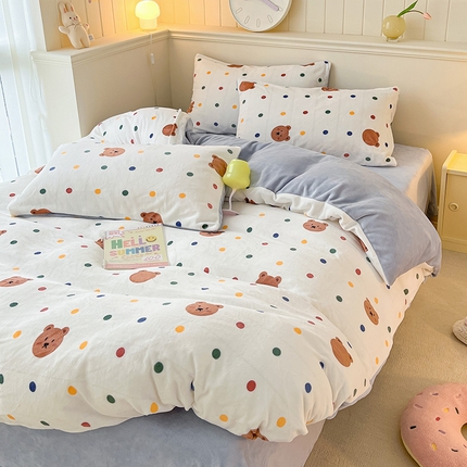 桃子家居 2023新款ins韩系简约卡通奶油小清新加厚牛奶绒系列四件套 绒-点点熊