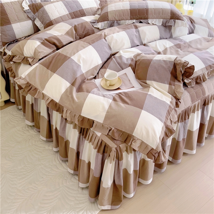 91家纺网 家纺一手货源 找家纺 十个点  2024新款色织水洗棉韵格系列床裙款四件套 咖大格