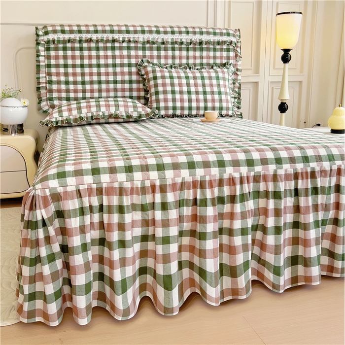 91家纺网 家纺一手货源 找家纺 十个点  2024新款色织水洗棉-韵格系列单品夹棉床裙 七彩格绿