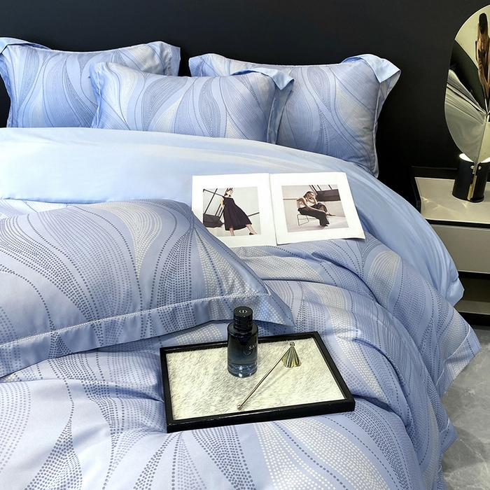 91家纺网 家纺一手货源 找家纺 优悦 2023新款轻奢磨毛印花系列四件套 马克波点-蓝