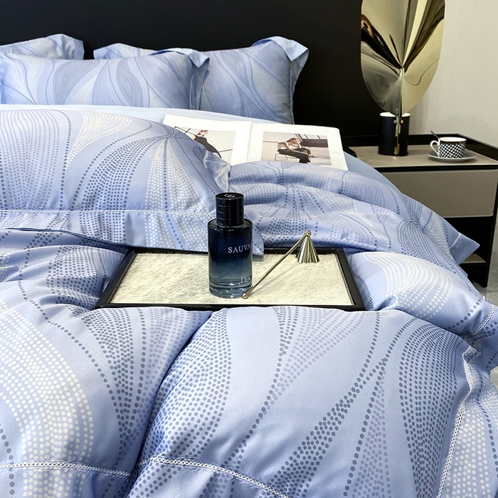 91家纺网 家纺一手货源 找家纺 优悦 2023新款轻奢磨毛印花系列四件套 马克波点-蓝