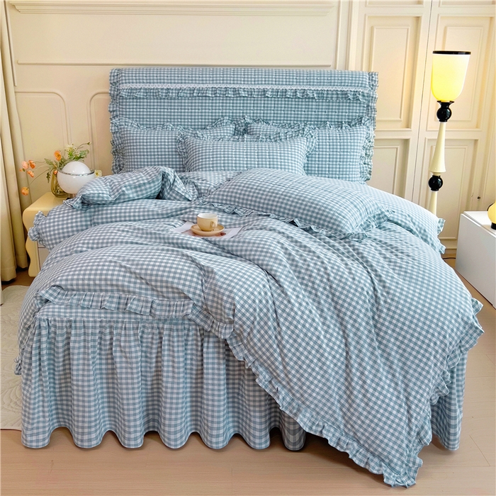 91家纺网 家纺一手货源 找家纺 十个点  2024新款色织水洗棉韵格系列床裙款四件套 浅蓝小格