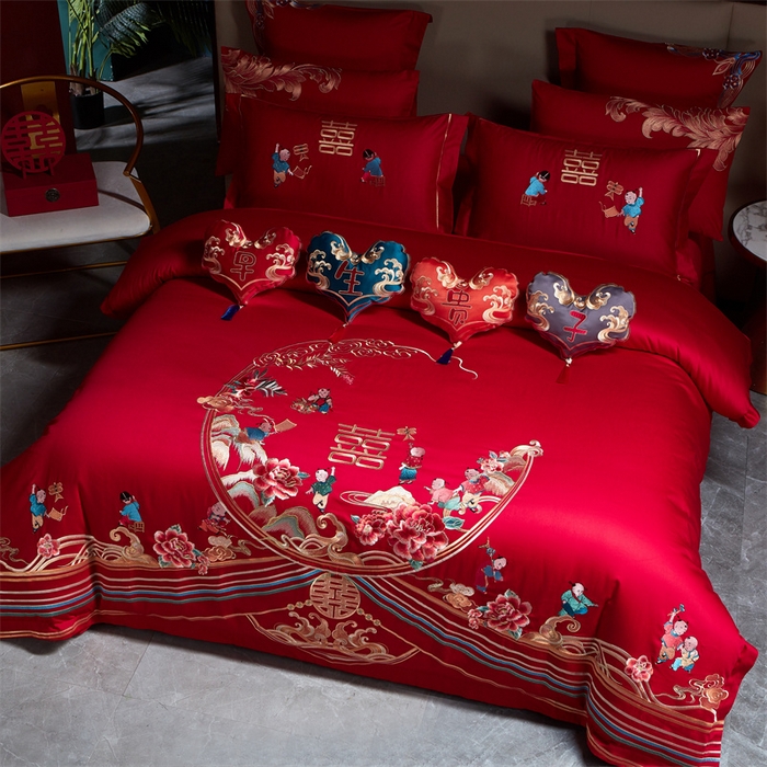 91家纺网 家纺一手货源 找家纺 宏羽纺 2024新款纯棉新中式刺绣婚庆多件套五福纳彩