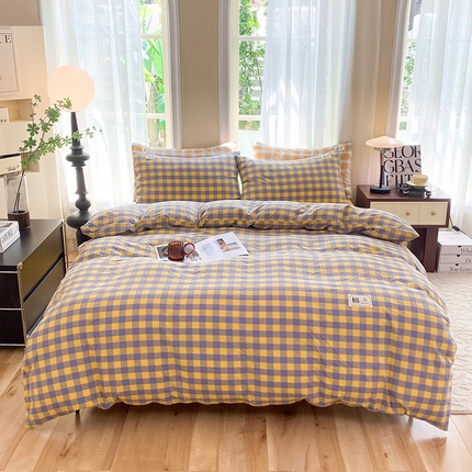 91家纺网 家纺一手货源 找家纺 总 云家2023新款无印风色织全棉纯棉水洗棉系列四件套纯色格子