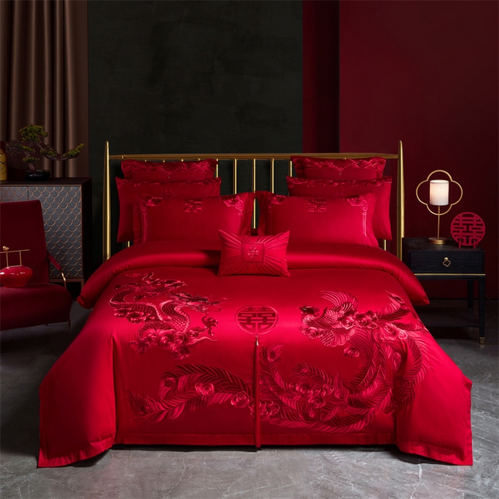 91家纺网 家纺一手货源 找家纺 宏羽纺 2024新款纯棉新中式刺绣婚庆多件套福瑞呈祥-红